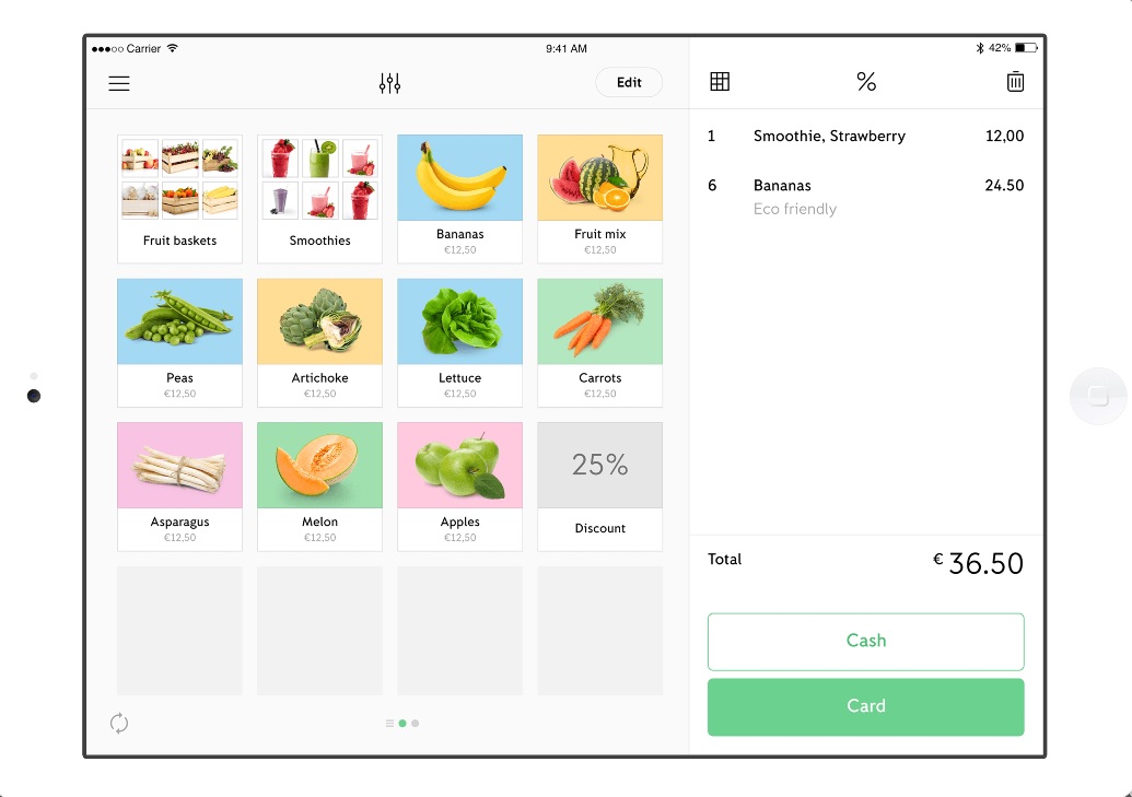 iZettle Go-produktmenu på iPad iZettle Go-produktmenu på iPad